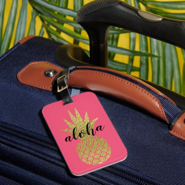 Aloha Pink Gold Pineapple Tropical Vacation Luggage Tag (Front Insitu 1)