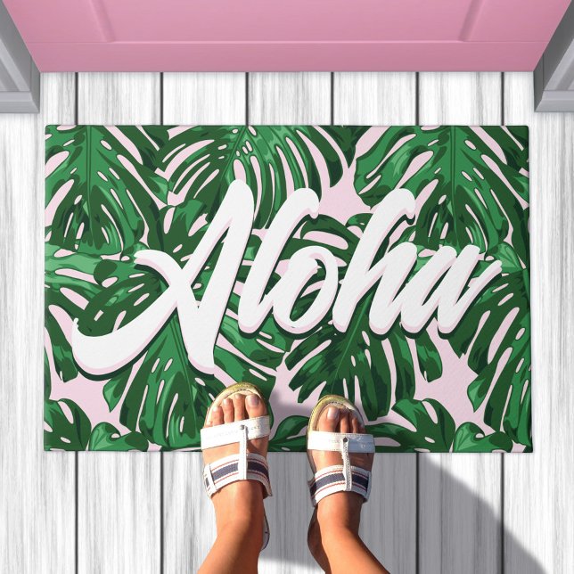 Aloha Pink Green Tropical Leaves Script Jungle  Doormat (Green tropical leaves doormat with script text that says Aloha)
