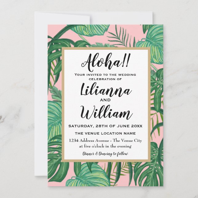 Aloha Pink Hawaiian Tropical Leaves Beach Wedding Invitation (Front)