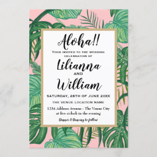 Aloha Pink Hawaiian Tropical Leaves Beach Wedding Invitation