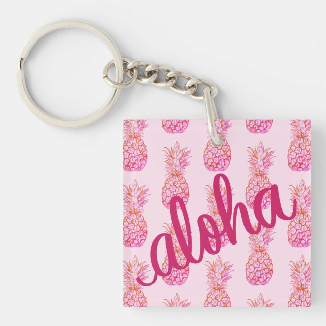 Aloha Pink Pineapple Square Keychain Mini (Front)