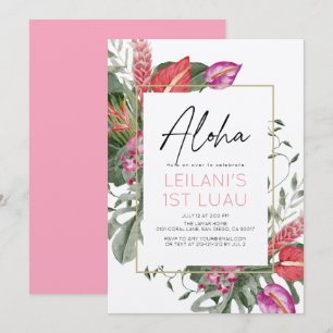 Aloha Pink & Red Tropical Floral Girl 1st Birthday Invitation