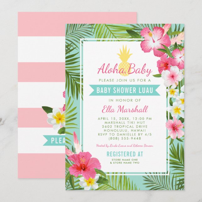 Aloha Pink Tropical Floral Baby Shower Luau Invitation (Front/Back)