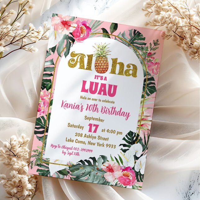 Aloha Pink Tropical Floral Pineapple Birthday Invitation (Creator Uploaded)