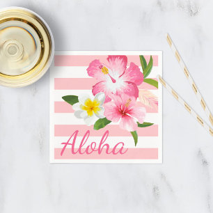 Aloha Pink Tropical Flowers and Stripes Napkin
