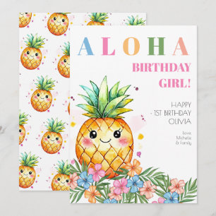 Aloha Pink Tropical Pineapple Happy 1st Birthday Card