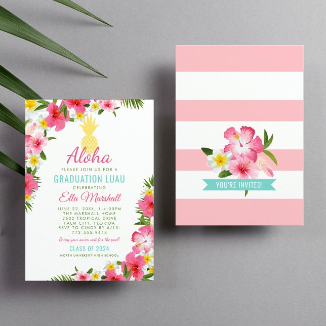 Aloha Pink Yellow Pineapple Graduation Luau Party Invitation (Creator Uploaded)