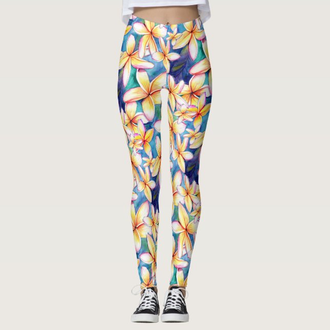 Aloha Plumeria Blossoms Yoga Pants Leggings (Front)