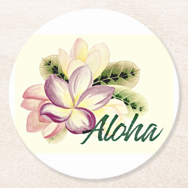 Aloha Plumeria Round Paper Coaster (Front)
