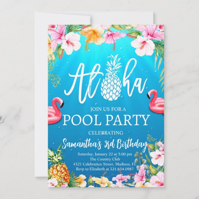 Aloha Pool Party Birthday Invitation (Front)