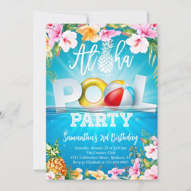 Aloha Pool Party Birthday Invitation (Front)
