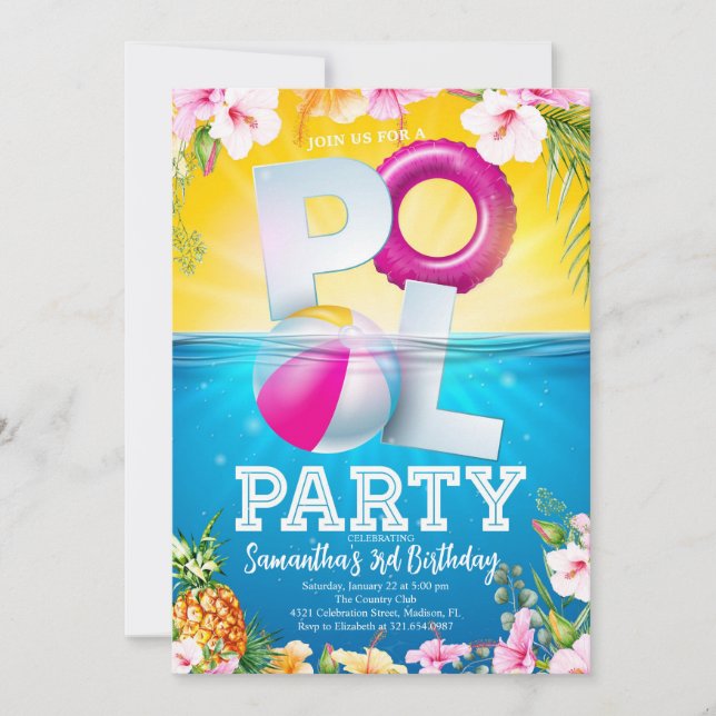 Aloha Pool Party Floral Birthday Invitation (Front)