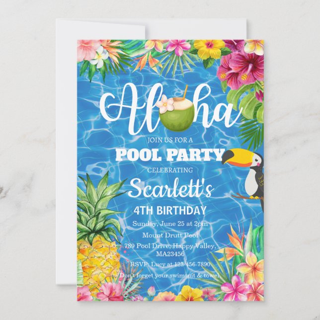 Aloha pool party Hawaiian birthday invitation (Front)