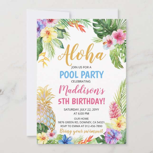 Aloha Pool Party Tropical Pineapple Birthday Invitation (Front)