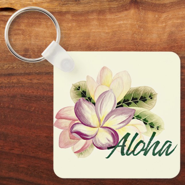 Aloha Pretty Plumeria Island Floral  Key Ring (Front)