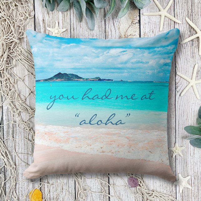 Aloha Quote Turquoise Ocean Hawaii Beach Photo Cushion (Creator Uploaded)