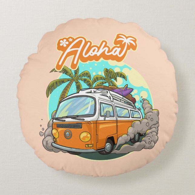 Aloha Retro Surf Van Round Cushion (Front)