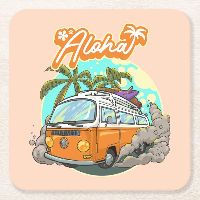 Aloha Retro Surf Van Square Paper Coaster (Front)