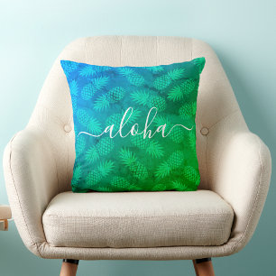 Aloha Script Blue Green Pineapple Pattern Tropical Cushion