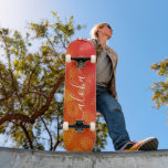 Aloha script orange pineapple pattern cool modern skateboard<br><div class="desc">“Aloha”. Bring a bit of the Hawaiian islands to your city streets whenever you use this brightly colored, chic, striking, stylish, modern skateboard sporting crisp, white handwritten script typography over a distressed graphic, pineapple pattern in a vivid yellow and orange ombre. Makes a fun and stylish statement every time you...</div>
