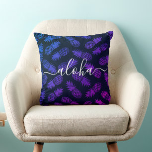 Aloha Script Purple Blue Pineapple Pattern Hawaii Cushion