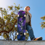 Aloha script purple blue pineapple pattern modern skateboard<br><div class="desc">“Aloha”. Bring a bit of the Hawaiian islands to your city streets whenever you use this brightly colored, chic, striking, stylish, modern skateboard sporting crisp, white handwritten script typography over a distressed graphic, purple blue ombre pineapple pattern over a black background. Makes a fun and stylish statement every time you...</div>