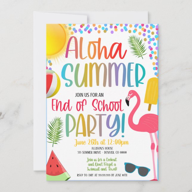 Aloha Summer End of School Pool Party Invitation (Front)