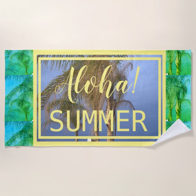 Aloha Summer Green Palm Trees Beach Towel (Front)
