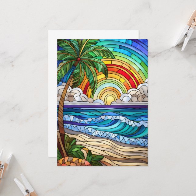 Aloha sunset island stained glass art card (Front/Back In Situ)