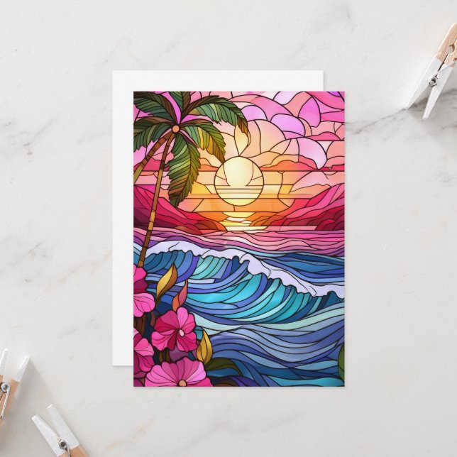 Aloha sunset island stained glass art card (Front/Back In Situ)
