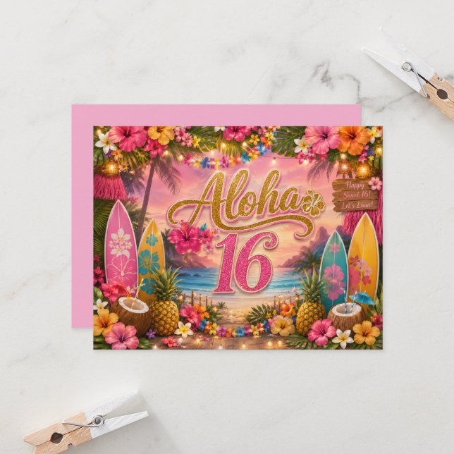 Aloha Sweet 16 Birthday Invitation (Front/Back In Situ)