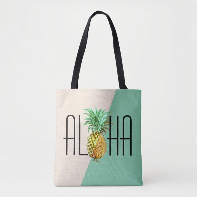 Aloha Text With Pineapple Tropical Geometric Back Tote Bag (Front)