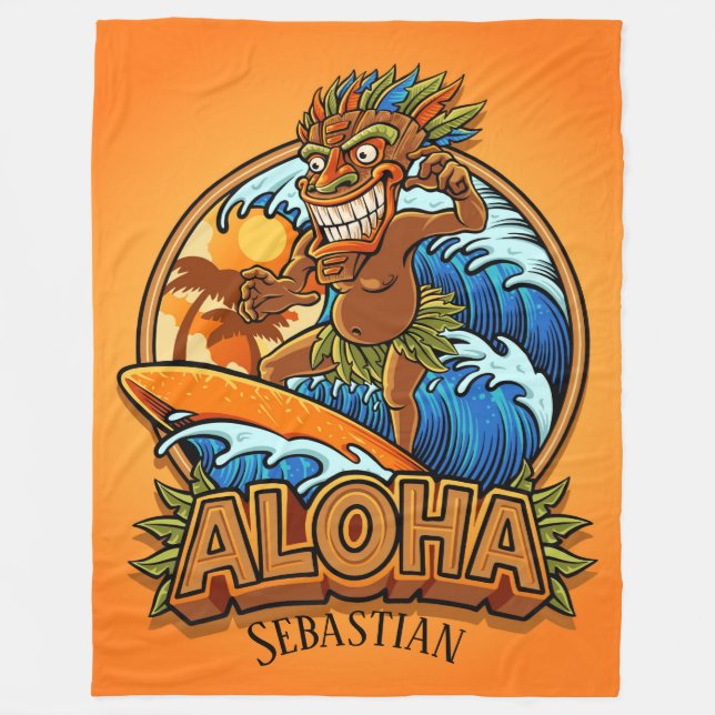 Aloha Tiki Surfing Fleece Blanket (Front)