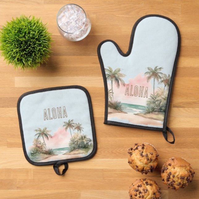 Aloha Tropical Beach Palm Trees Oven Mitt & Pot Holder Set (Top Down)
