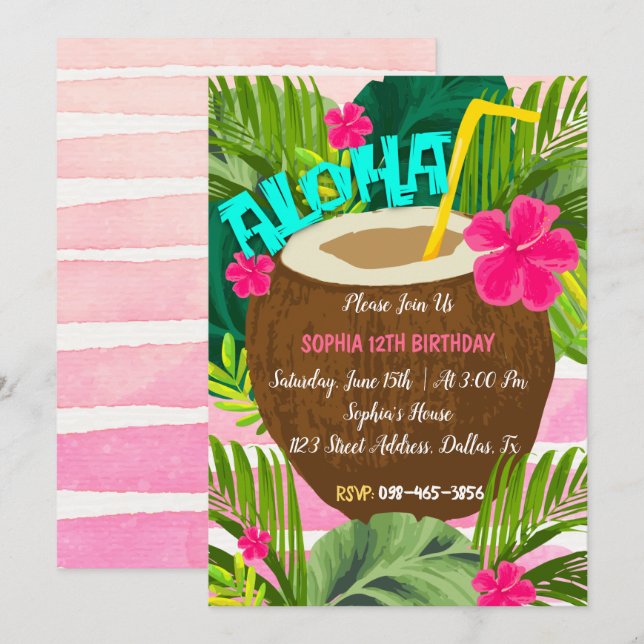 Aloha Tropical Coconut Birthday Invitation (Front/Back)