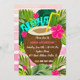 Aloha Tropical Coconut Birthday Invitation