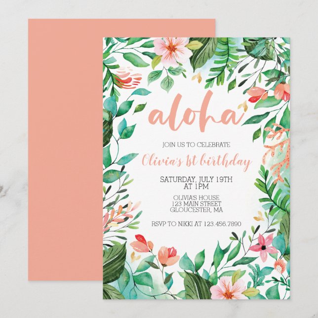 Aloha Tropical first birthday luau Invitation (Front/Back)