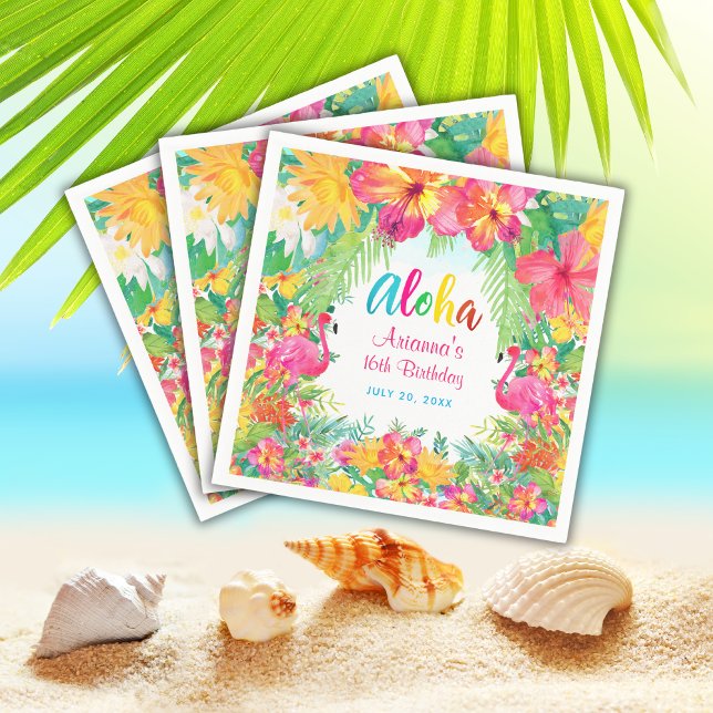 Aloha Tropical Flamingo Birthday Luau Paper Napkin (Creator Uploaded)