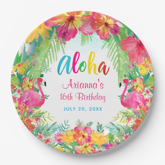 Aloha Tropical Flamingo Birthday Luau Paper Plates (Front)