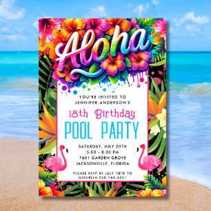 Aloha Tropical Flamingo Birthday Pool Party Invitation