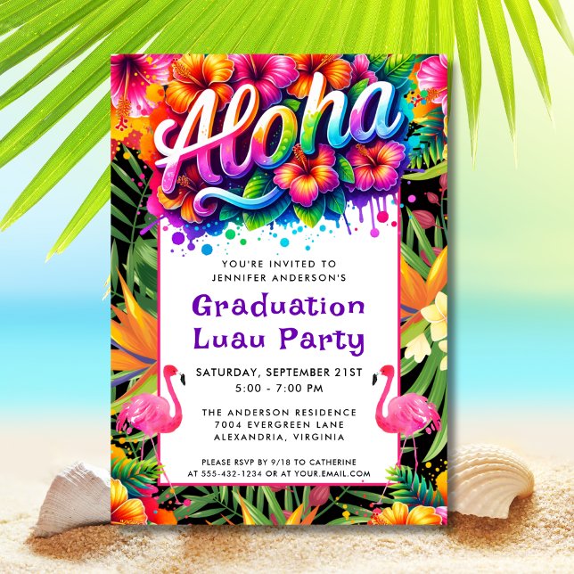 Aloha Tropical Flamingo Graduation Luau Party Invitation (Creator Uploaded)