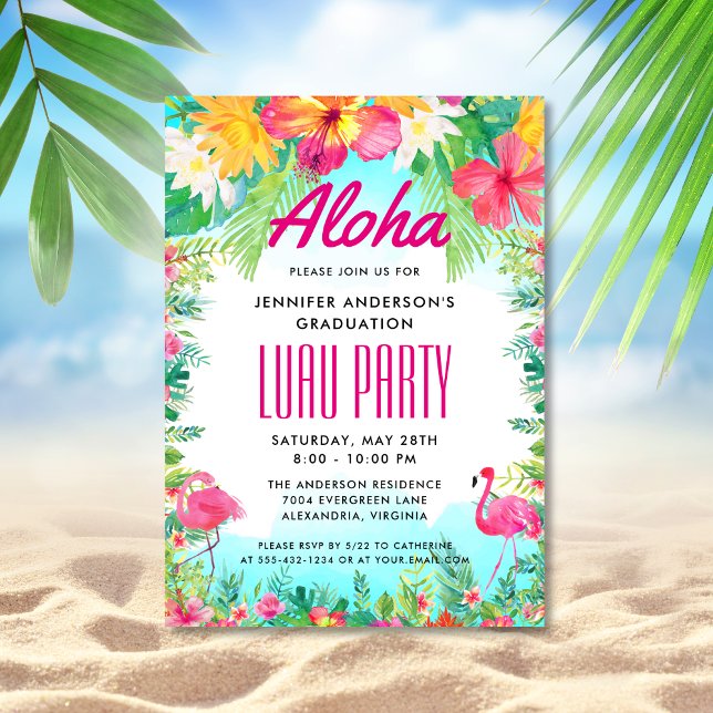 Aloha Tropical Flamingo Graduation Luau Party Invitation (Creator Uploaded)