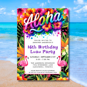 Aloha Tropical Flamingo Luau Birthday Party Invitation