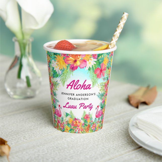 Aloha Tropical Flamingo Luau Graduation Paper Cups (Insitu)