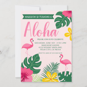 Aloha Tropical Flamingo Luau Summer Birthday Party Invitation