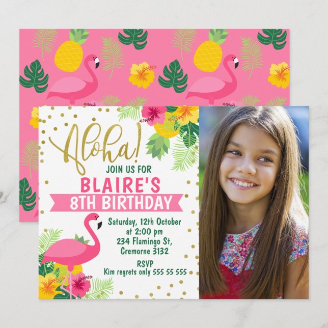 Aloha Tropical Flamingo Photo Birthday Invitation (Front/Back)