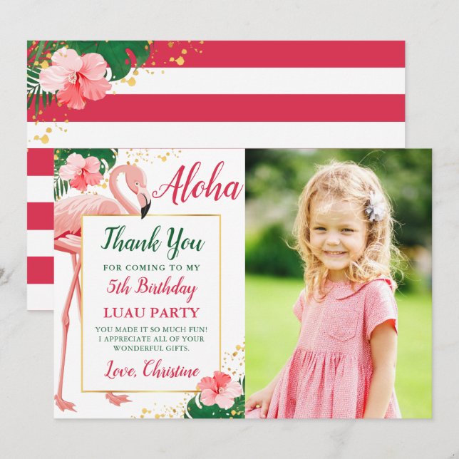 Aloha Tropical Flamingo Pink Floral Birthday Photo Thank You Card (Front/Back)