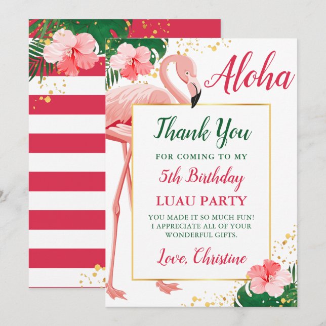 Aloha Tropical Flamingo Pink Floral Birthday Thank You Card (Front/Back)