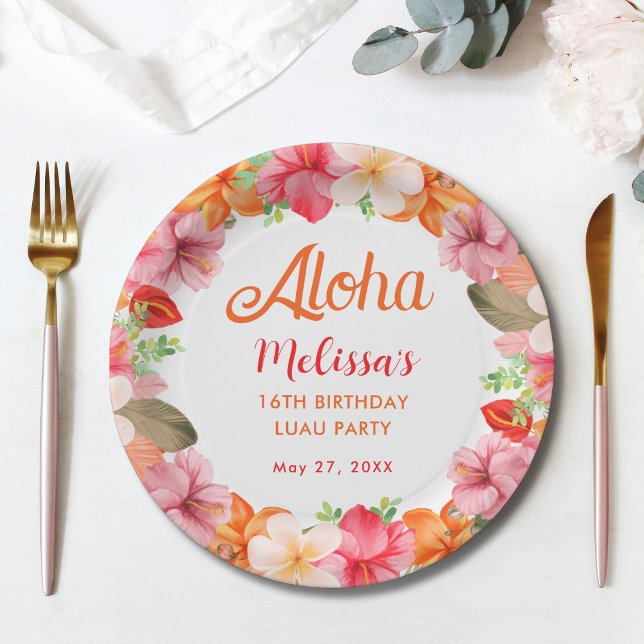Aloha Tropical Floral Birthday Luau Party  Paper Plate (Creator Uploaded)