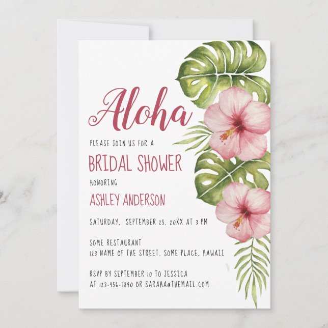 Aloha Tropical Floral Bridal Shower Pink Hibiscus Invitation (Front)